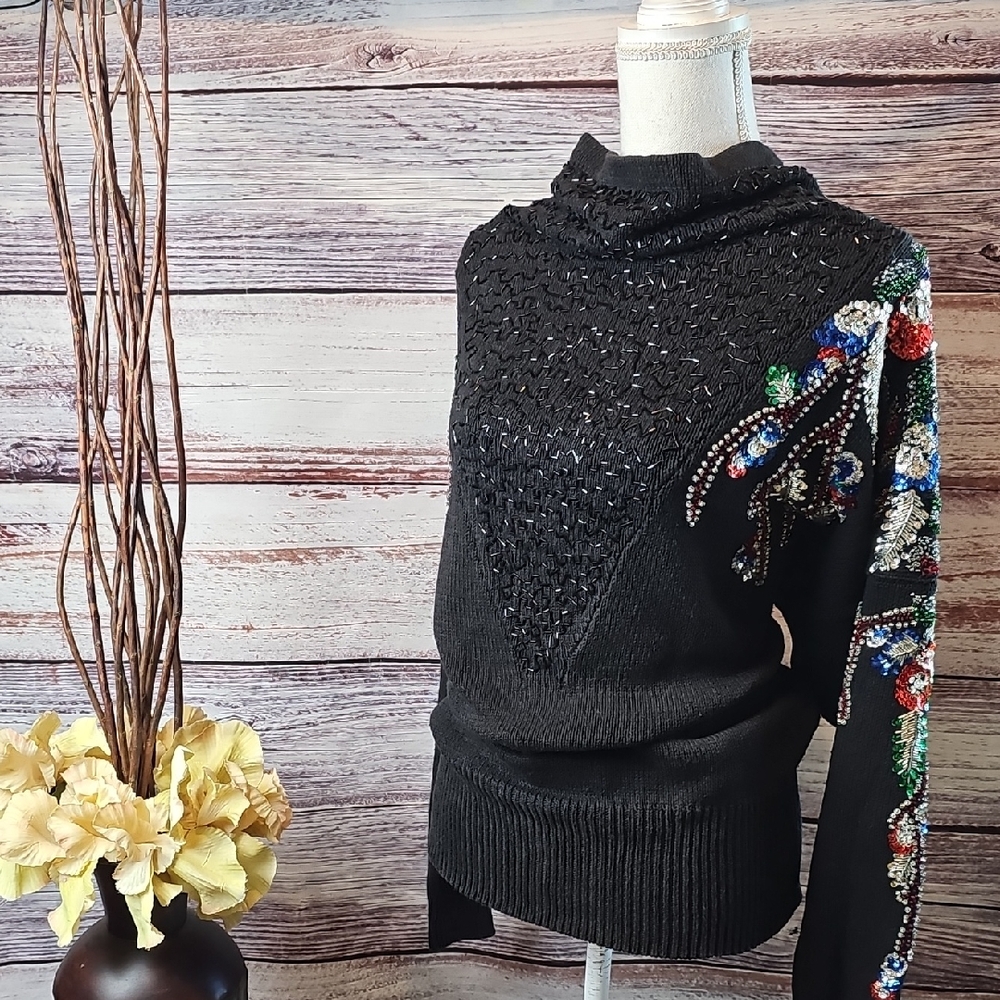 NWT VINTAGE JARROD'S BLACK CHRISTMAS SEQUIN LONG SLEEVE PULLOVER SWEATER